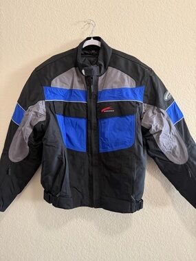 Gericke Men’s Motorcycle Jacket Black/Blue Size LT Padded Zip Up Riding Gear